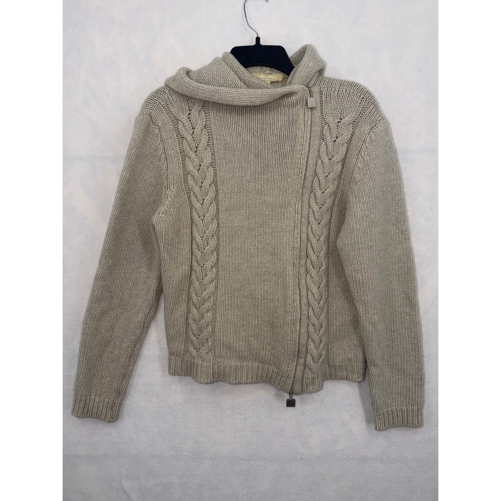 S Max Mara Wool Cashmere Cable Knit Asymmetric Zip Hoodie Jacket Beige XL